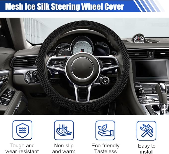Elastic Stretch Steering Wheel Cover, 15" Breathable Microfiber Ice Silk Steering Wheel Protector, Universal Anti-Slip Car Warm in Winter&Cool in Summer Accessories for Men Women (Black)