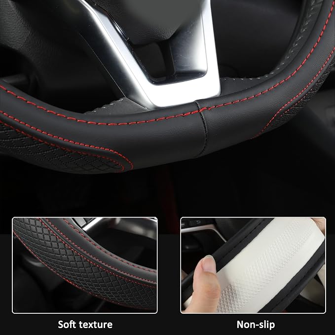 Customized Auto Car Steering Wheel Cover for Nissan,D Shaped Steering Wheel Cover for Rogue,Altima,Kicks (D-Shaped-Black+Red Line)