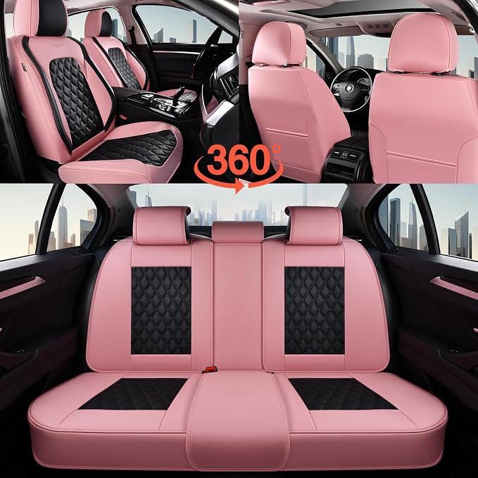 Coverado Universal Car Seat Covers Full Set, Stylish Waterproof Faux Leather Front & Rear Seat Protectors for Sedan SUV Truck, Luxury Fashion Interior – PinkBlack