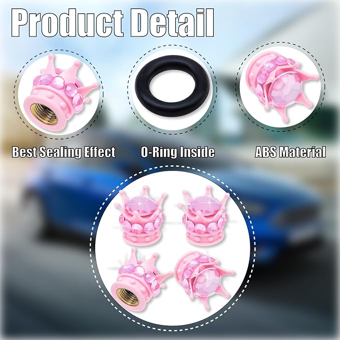 4PCS Crown Bling Tire Stem Valve Caps, Crystal Diamond Car Wheel Tire Valve Caps Universal Copper Core Stem Covers for Cars, SUV, Trucks, Bikes, Motorcycles, Bicycles (Pink)