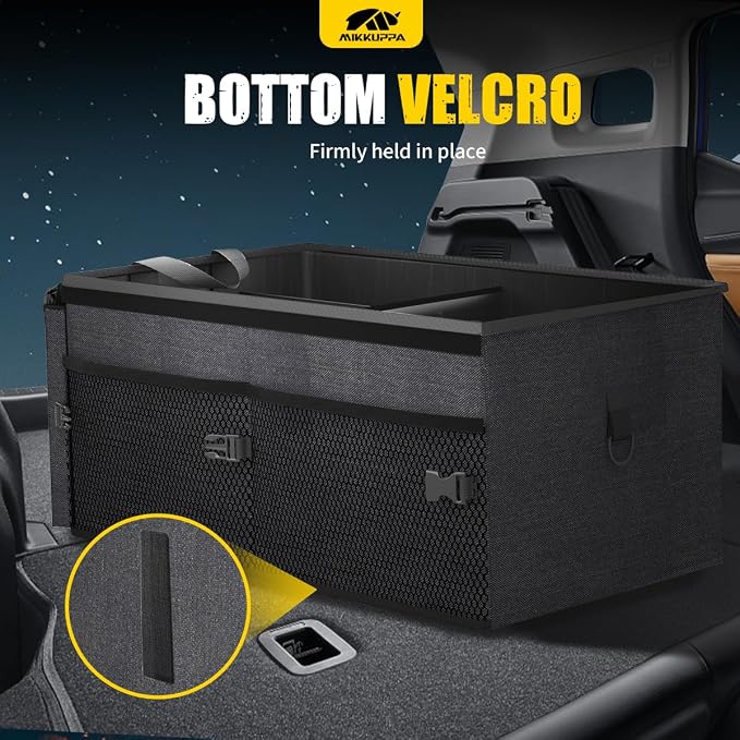 Car Trunk Organizer Set - 65L Collapsible Trunk Organizer with Lid, Registration and Insurance Holder with Magnetic Shut, 4 Pcs Car Seat Headrest Hook and Cup Holder Coaster (Black)