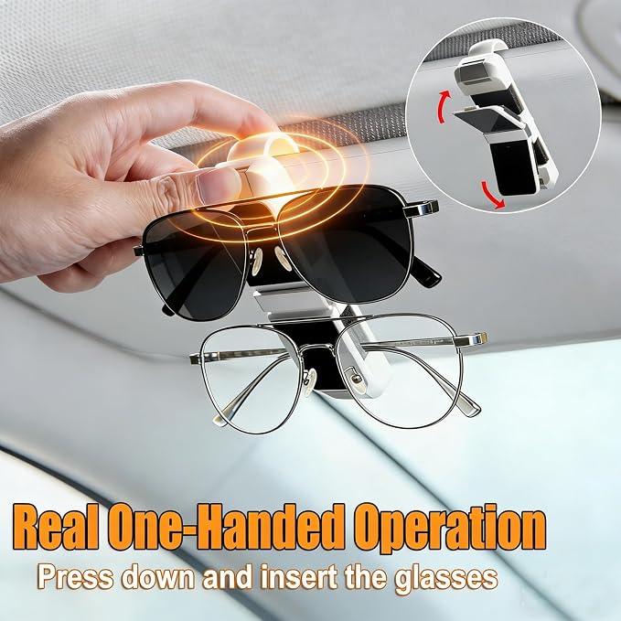 2 Pack Sunglasses Holder for Car, One-Handed-Operation Visor Sunglass Holder Clip, Easy Access Storage for Driving,Universal Fits (Double Holder - White)