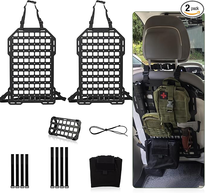 Tactical Car Seat Back MOLLE Panel with Sun Visor Organizer, Rigid ABS Engineering Plastic MOLLE Panel for Truck & SUV, Includes 1 Utility Pouch, Tactical Back Seat Car Organizer | Visor and seat back panels for organized front and rear storage of tool...
