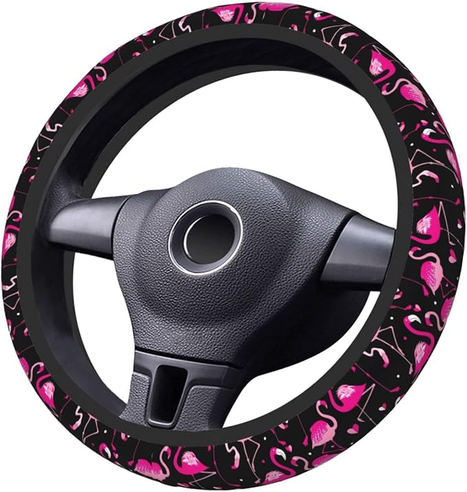 Flamingo Steering Wheel Cover for Women, Universal Auto Steering Wheel 14-15 Inch Car Interior Accessories with 2PCS Car Coasters, Suitable for Men and Women