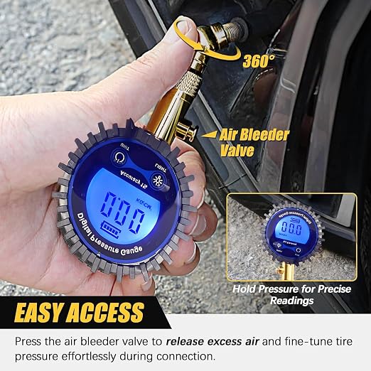 Digital Tire Pressure Gauge for Cars 250PSI - Accurate Air Pressure Gauge for Tires with 360° Swivel Chuck