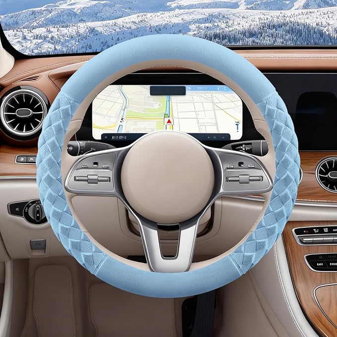 Sapphire Blue Diamond Patterned Plush Steering Wheel Cover, for Universal Auto Steering Wheel 14.5-15 in, Short Fluffy, Anti-Slip, Soft Plush, Comforting and Luxurious, Odorless, Soft Texture