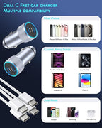 iPhone 17 Car Charger,2Pack Dual Port USB C Fast Car Charger Type C Rapid Charging Adapter with 2Pack USB C to C Nylon Braid Cable Woven Cord Fast Charging for iPhone 17/17 Pro/16/16 Pro Max/iPad