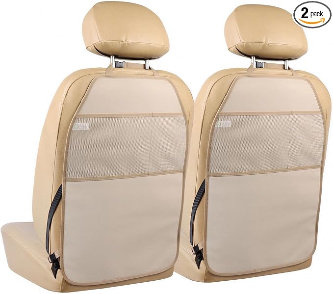 Car Seat Protector Large Kick Mat 2 Pack Durable Water Resistant Auto Seat Back Covers with 2 Mesh Pockets Protection Against Dust Mud Scratches (Beige-A, 2-Pack)