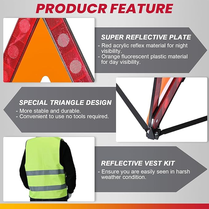 3 Pack Emergency Warning Triangles with 2 Pack Reflective Vest Kit | Roadside Safety Triangle, Foldable Warning Reflective Triangle with Case for Vehicles Breakdown & Emergencies