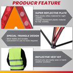 3 Pack Emergency Warning Triangles with 2 Pack Reflective Vest Kit | Roadside Safety Triangle, Foldable Warning Reflective Triangle with Case for Vehicles Breakdown & Emergencies