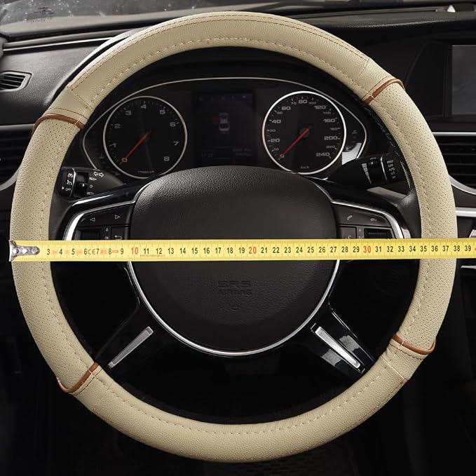 Line Rider Universal Fit Delux Leather Steering Wheel Cover, for suvs,sedans,Vans,Trucks for 14.7" to 15" (Beige)