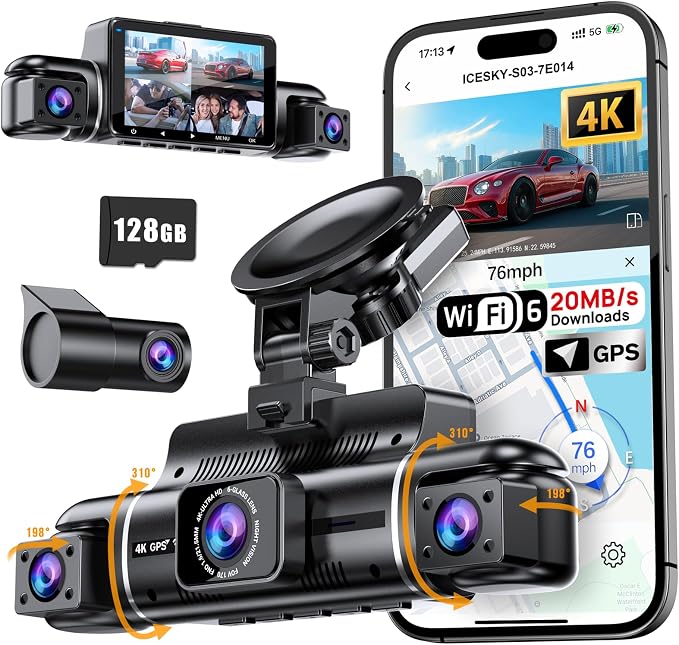 S03 4K Dash Cam Front Rear Inside Left Right with GPS, Free 128GB SD Card, 5.8GHz WiFi 6 (Up to 20MB/s Download), 4 Channel 360° Dash Camera for Cars, G-Sensor 8 IR Light, Parking Mode, Black