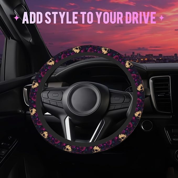 Gothic Skull and Rose Steering Wheel Cover for Women Men Neoprene Breathable Wheel Cover Protector Anti-Slip Car Accessories Universal 15 Inch Fit for Cars Trucks Vehicles
