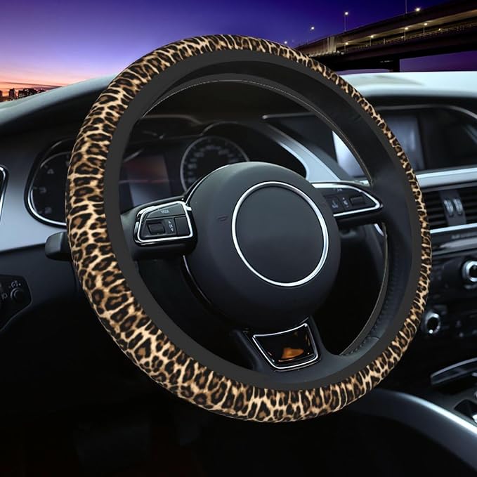 Cheetah Brown Leopard Pattern Black Hunting Steering Wheel Cover Car Accessories Cute for Women Girls Girly Universal 15 Inch Neoprene Auto Interior Decor Anti Slip Car Truck Protector