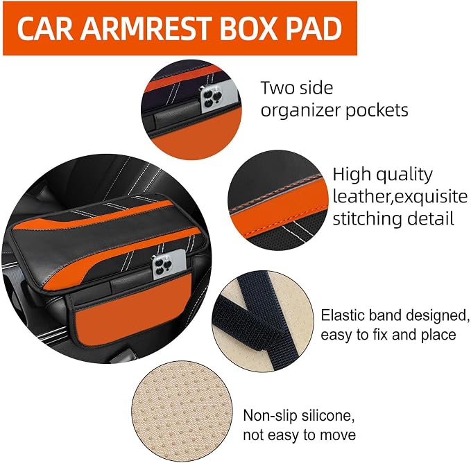 6 Pcs Orange Car Accessories Set, Sport Leather Steering Wheel Cover 14.5-15inch Universal, Microfiber Leather Car Center Console Cover, Seat Belt Cushion, Cup Holder Coaster (Black-Orange)