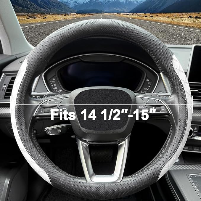 Nappa Leather Steering Wheel Cover, Elegant Diamond Checkered Design, Non-Slip wear-Resistant, Enhance Driving Comfort, Suitable for Steering Wheel Diameter 14 1/2‘-15’ Models.Black White