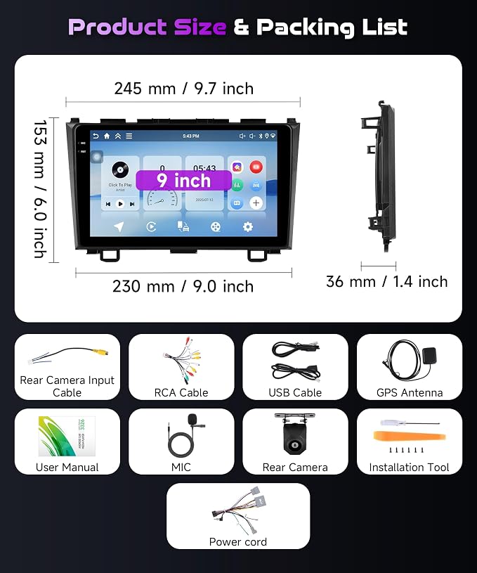 Android15.0 4G+128G Car Radio Stereo for Honda CRV 2007-2011 with Wireless CarPlay Android Auto, 9 Inch in-Cell Touch Screen GPS WiFi Bluetooth EQ SWC FM Radio HD Backup Camera