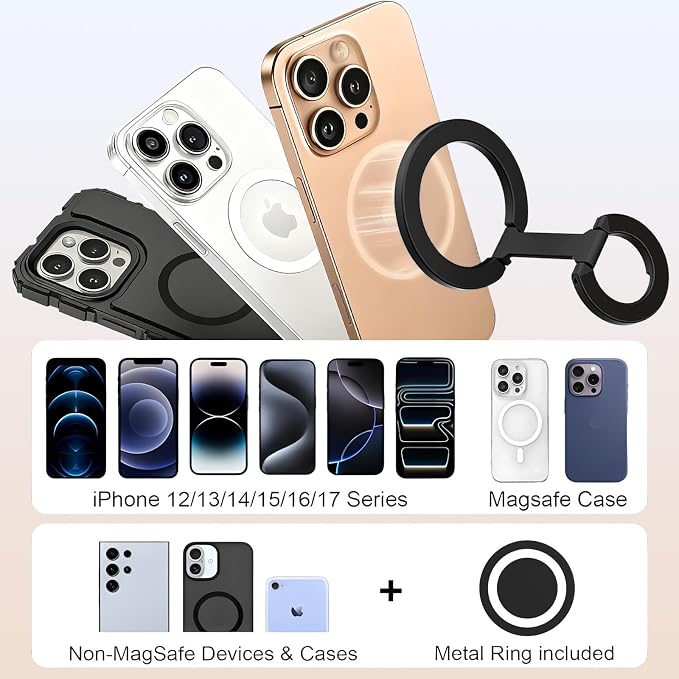 Magnetic Phone Ring for MagSafe Dual-Sided Magnetic Phone Grip Magnet Phone Stand Grip Compatible with iPhone 17/16/15/14/13 Pro Max Plus Mag Safe Accessory for Car Mounts