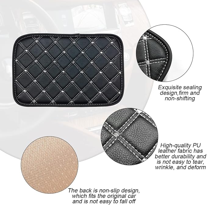 Car Leather Center Console Cushion Pad, 11.4"x7.4" Waterproof Armrest Seat Box Cover Fit for Cars, Vehicles, SUVs, Comfort, Car Interior Protection Accessories (Black/White)