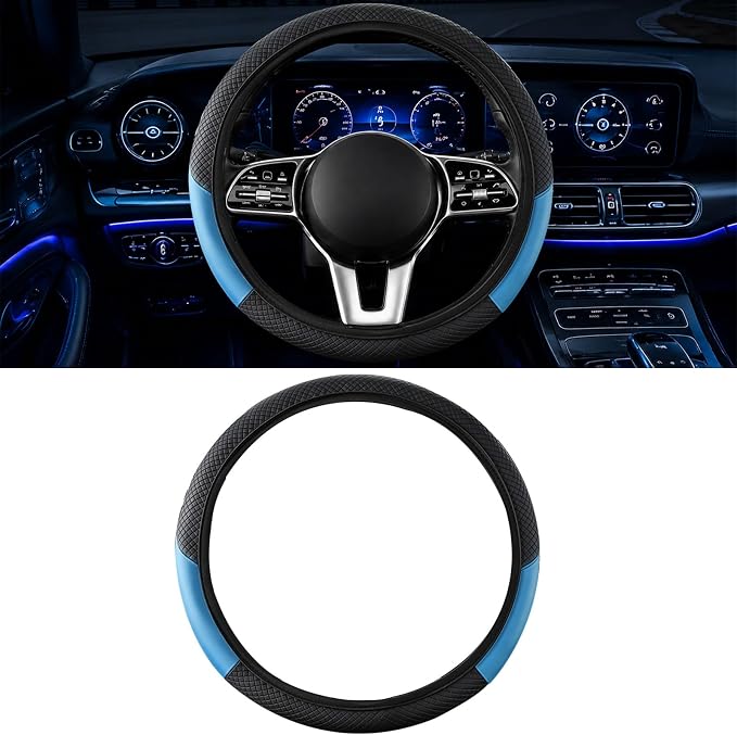 Car Steering Wheel Cover, 15 inch Carbon Fiber Microfiber Anti-Slip Breathable PU Leather Elastic Steering Wheel Protector, Car Interior Accessories for Most Cars (AD-Blue)