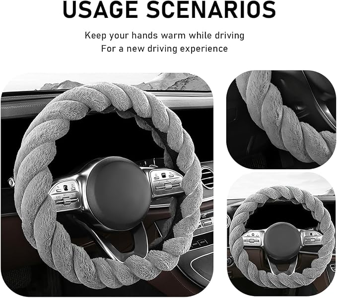 Fluffy Car Steering Wheel Cover, 15 Inches Anti-Slip Round Fuzzy Winter Steering Wheel Protector, Soft Warm Plush Steering Wheel Cover for Women Girls, Car Accessories (Gray, D-Shaped)