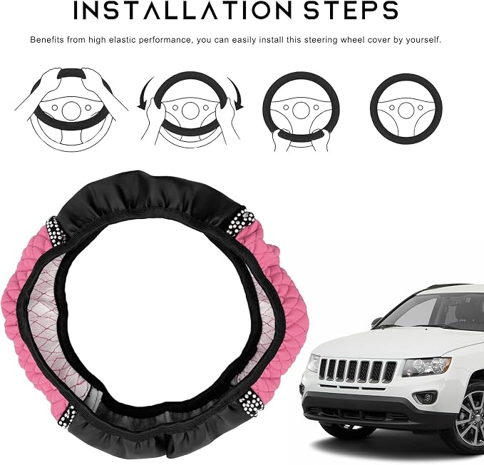 Bling Car Steering Wheel Cover, 15 Inch Sparkly Rhinestone Soft Leather Steering Wheel Protector, Non-Slip Universal Auto Elastic Steering Wheel Covers for Women Girls (Pink)