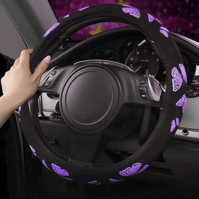 Purple Butterfly Steering Wheel Covers, 14.5" to 15.5" Car Wheel Cover Universal Fit for Suvs, Small Trucks, Sedans, Cars for Cute Women Girly (Black and Purple)