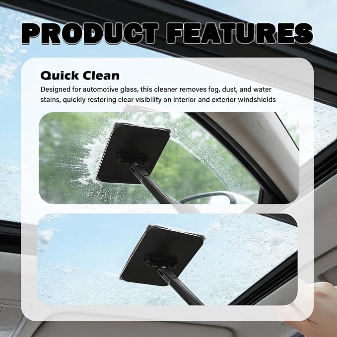 Car Windshield Cleaner Tool Kit,2026 New Inside Windshield Cleaning Tool with Detachable Handle & 180° Swivel Head,Universal Car Glass Cleaner Tools for Fog & Dust Cleaning