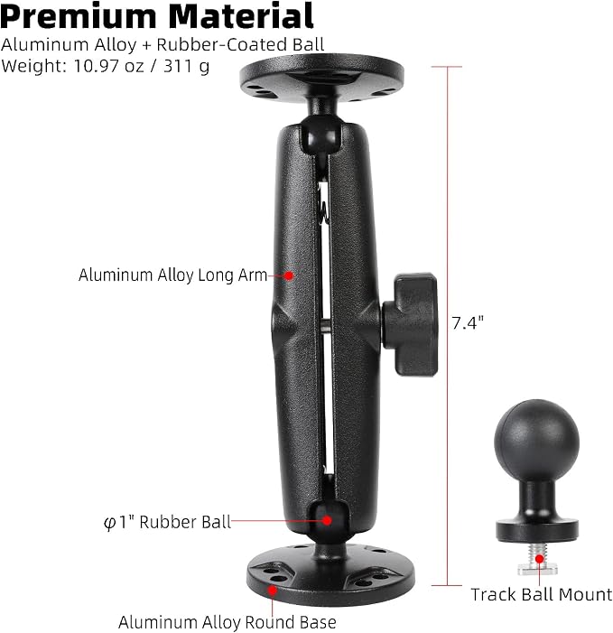 Fish Finder & 1" Ball Mount with Aluminum Long Arm, AMPS Round Plate for RAM Mounts/GPS/Boats/Vehicle, T-Bolt Attachment for Track Systems, Compatible with Humminbird, Raymarine