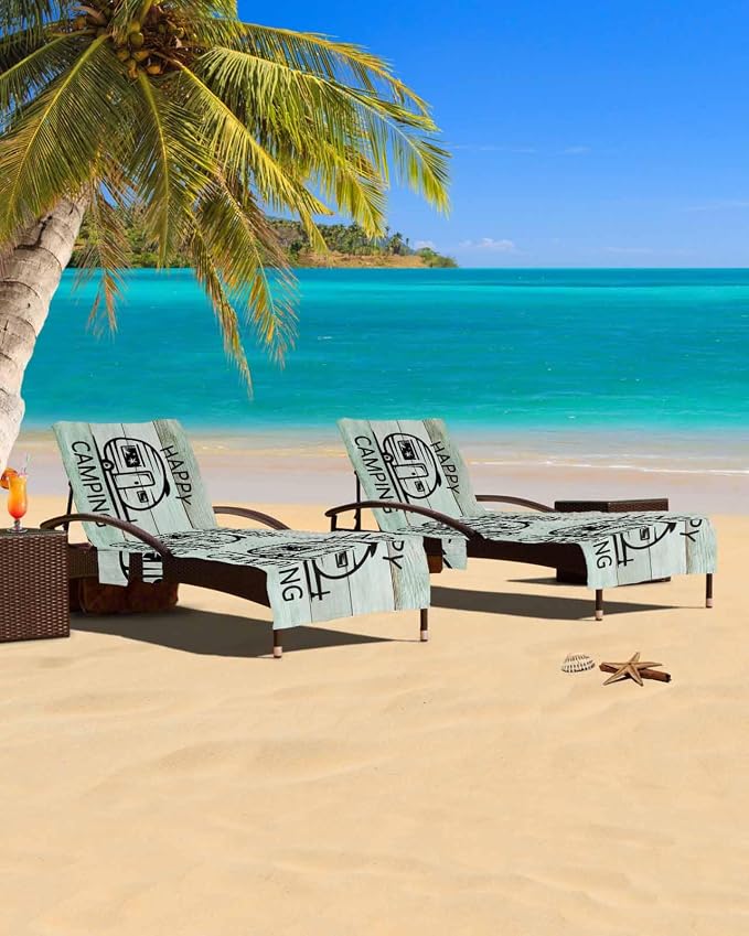 Camping Car Beach Chair Cover, Outdoor Chaise Lounge Cover for Patio Pool Sunbathing, Farmhouse Cabin Retro Green Wooden Grain Beach Chair Towel Microfiber Lounge Chair Towel Covers with Side Pockets