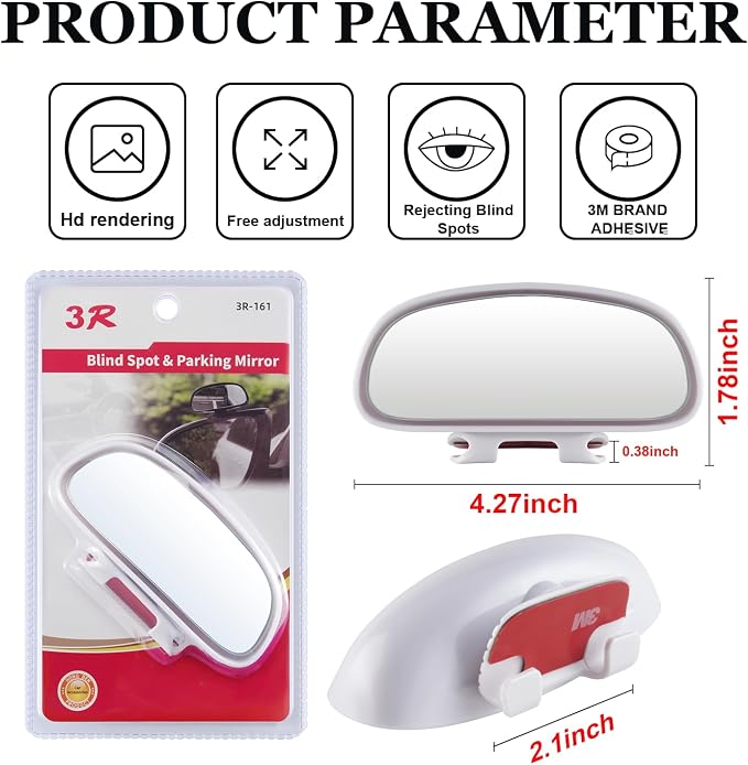 Clip on Blind Spot Mirror, HD Glass Frameless Convex Rear View Mirrors Exterior Accessories with Wide Angle Adjustable Stick for Car SUV and Trucks, White