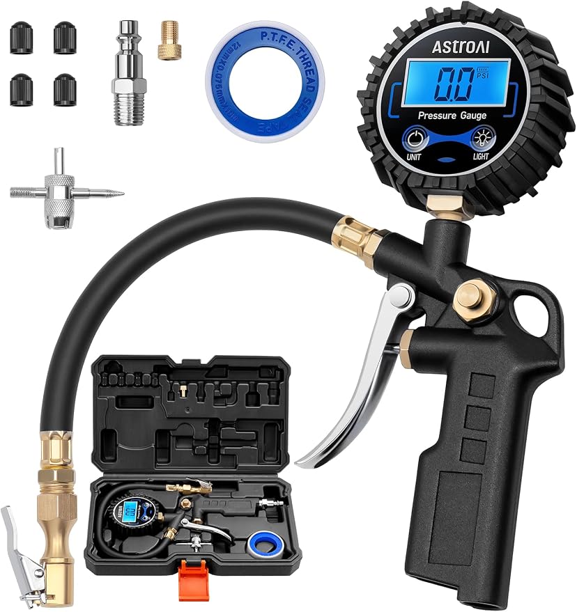 Digital Tire Pressure Gauge with Inflator, 3-250 PSI Air Chuck & Compressor Accessories Heavy Duty with Quick Connect Coupler, 0.1 Display Resolution, 1Pack Standard, with case