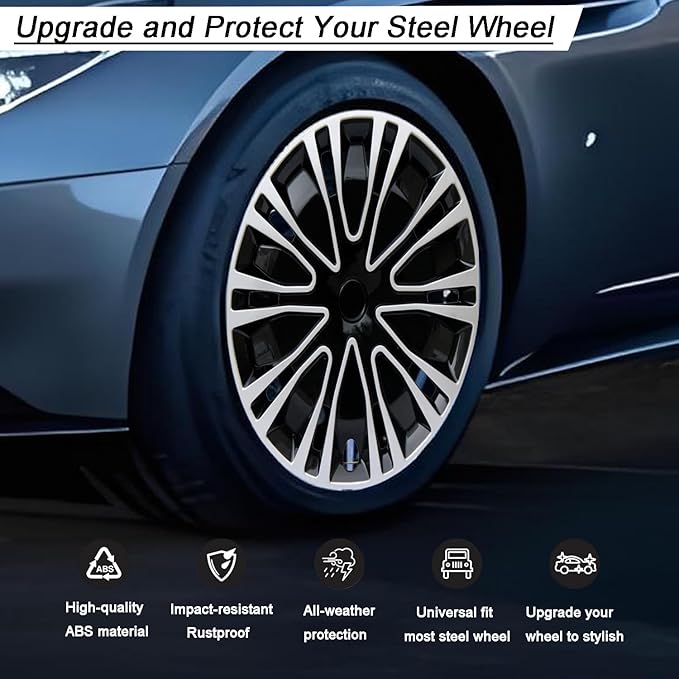 Hubcap Wheel Cover Replacement R17 Hub Caps Universal-Fit Steel Wheel Rim Cover ABS Material Exterior Accessories for Car Truck SUV -Set of 4（17-inch，Silver-Black）
