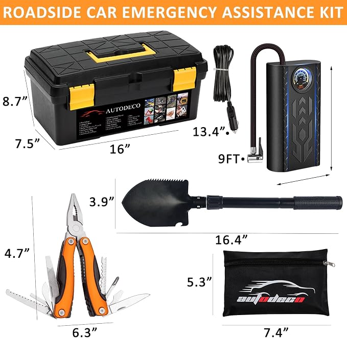 98 PCS Roadside Car Emergency Assistance Kit with Portable Air Compressor Jumper Cables Safety Hammer All in One Pliers Tool Set（Orange）