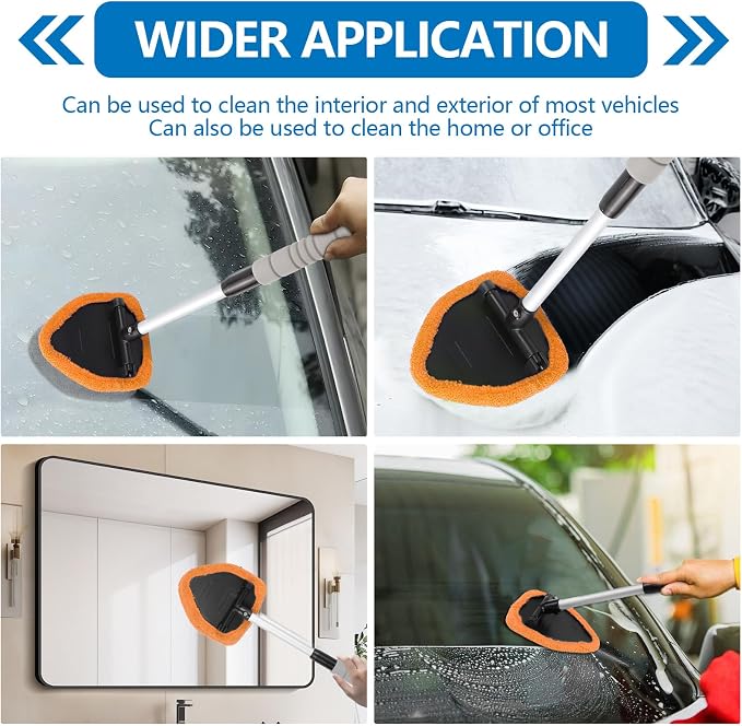 Car Windshield Cleaning Tool, Car Windshield Window Cleaner, Auto Window Glass Cleaning Kit with Extendable Handle & Reusable Microfiber Pad & Spray Bottle, Universal Car Accessories (Orange)