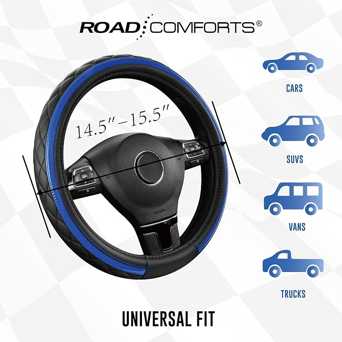 Leather Steering Wheel Cover – Black & Blue, Universal Fit 14.5-15 Inch, Microfiber Leather, Anti-Slip & Breathable Design for Men and Women