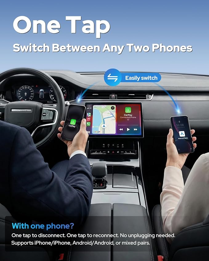 2-in-1 Wireless CarPlay & Android Auto Adapter, One-Click Switch for Apple iPhone and Android, Converts Wired to Wireless, Plug and Play for USB/USB-C, Compatible with 1000+ Vehicles