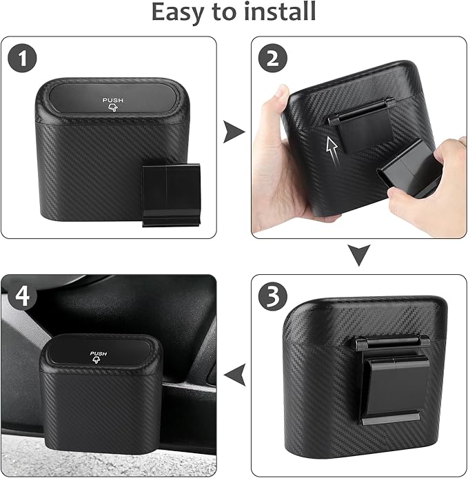 Car Trash Can with Lid, Mini Vehicle Trash Bin Portable Car Dustbin Garbage Organizer Holder with One Roll Trash Bag, Small Hanging Leakproof Auto Storage Bag Container (Carbon Fiber)