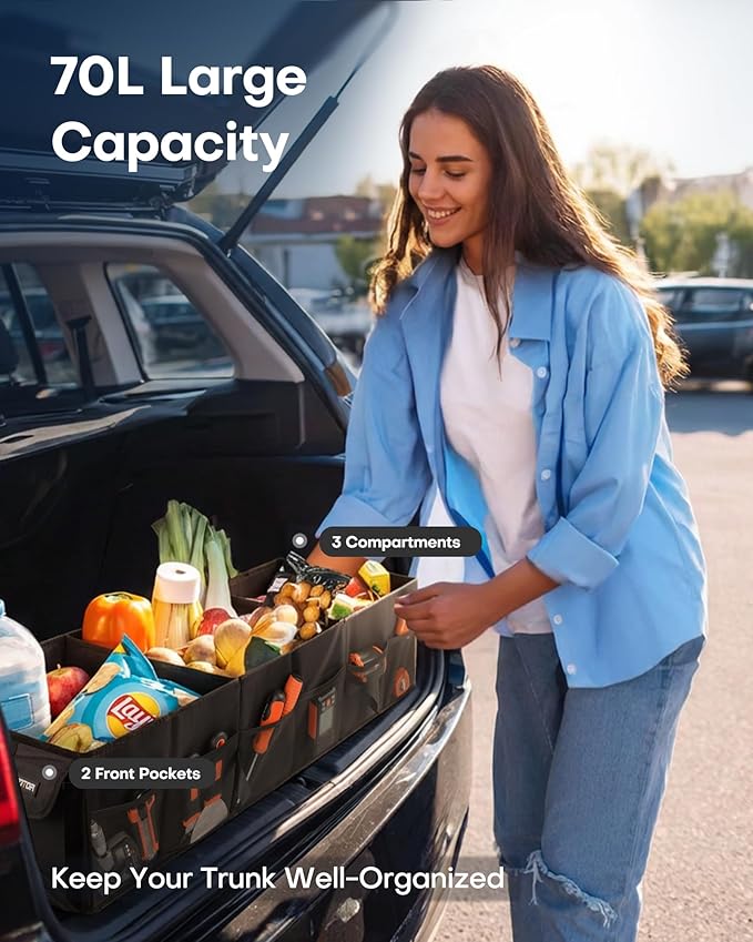 Trunk Organizer for Car - Car Organizer, Foldable Trunk organizer for SUVs & Sedans, Sturdy Organization for Car Accessories, Tools, Sundries, Black, 3 Compartments, 31.9"×12.6"×10.6"