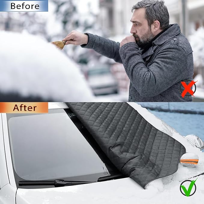 All-Weather Windshield Cover for Winter Ice & Snow and Summer Sun, 4-Layer Windproof Windshield Protector with Mirror Covers & Door Flaps, Universal Fit for Cars SUVs Trucks Vans (91” x 47”)