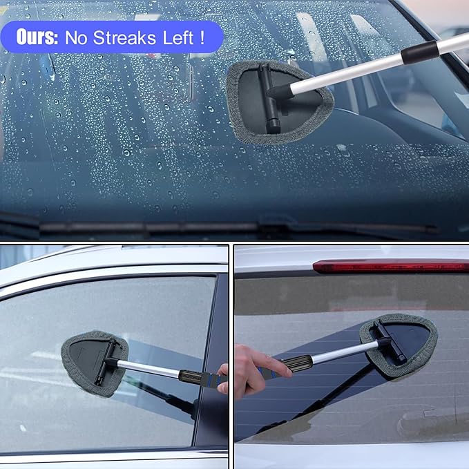 Windshield Cleaning Tool, Car Window Cleaner Windshield Cleaner with 4 Reusable and Washable Microfiber Pads and Extendable Handle Auto Inside Glass Wiper