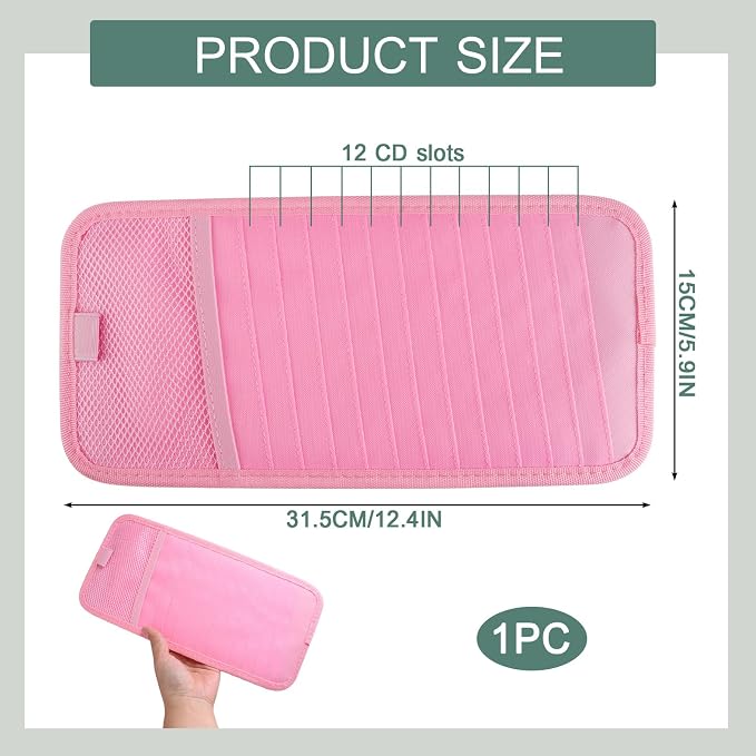 Sun Visor CD Holder, 12-Capacity Car Visor Organizer with DVD Sleeves and Mesh Pocket, Universal Visor Storage for Vehicle CD Case and Pen Holder Ergonomic Design (Pink 1 Pcs)