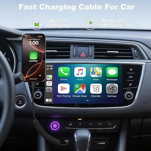 Coiled Car Carplay Charger Fast Charging，[1-Pack, 3Ft] Retractable Braid USB A to USB C Cable for iPhone 17/16/15/Plus/Pro Max/MacBook Pro, Type-C Cord,Black