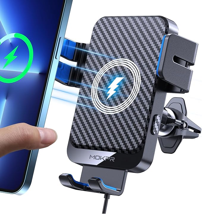 Wireless Car Charger, 15W Fast Charging Auto-Clamping Phone Mount Air Vent Cell Phone Holder Compatible iPhone 15/14/13/13 Pro/12 pro/12/11/X/8, Compatible Galaxy S23/S22/S21/S20, etc Blue