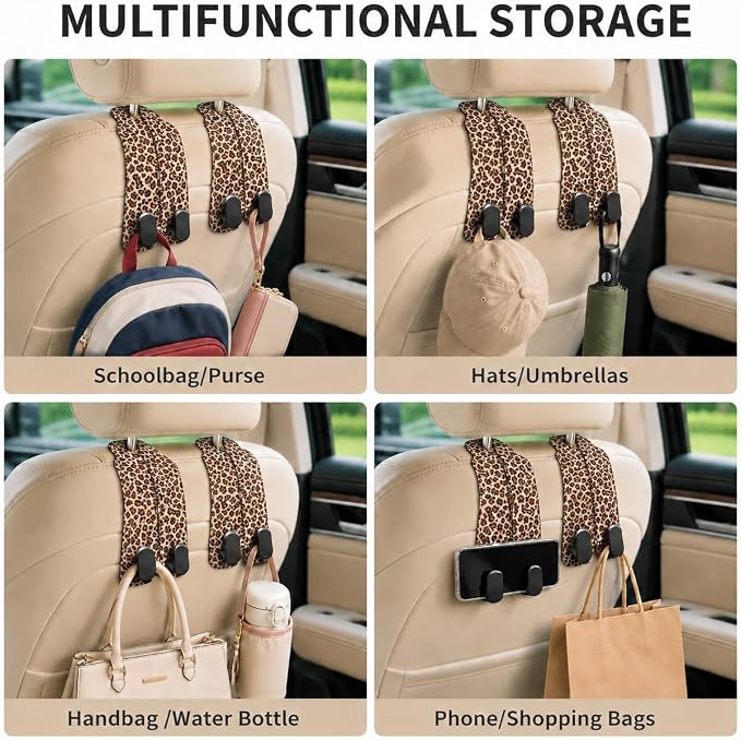 Cute Leopard Car Seat Back Storage Headrest Hooks for Purses & Bags – 2PCS PU Leather Dual Metal Hooks, Backseat Organizer Accessories