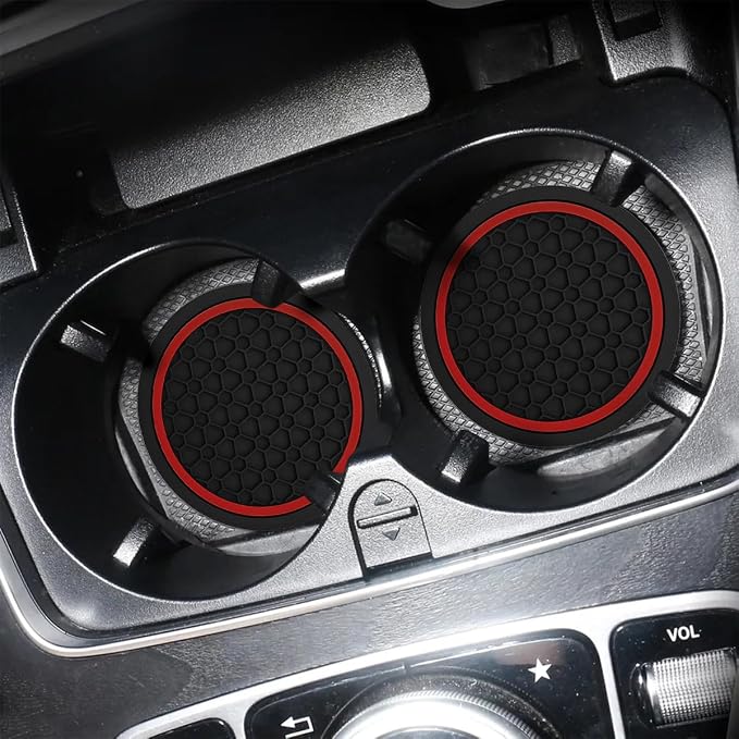 Mandark 2PCS Car Cup Holder Coasters, 2.75 Inch Non-Slip Insert Water Bottle Holder Pads, Dustproof Automotive Interior Accessories Mat, Universal for Vehicles, Trucks, RVs and More(Black/Red)