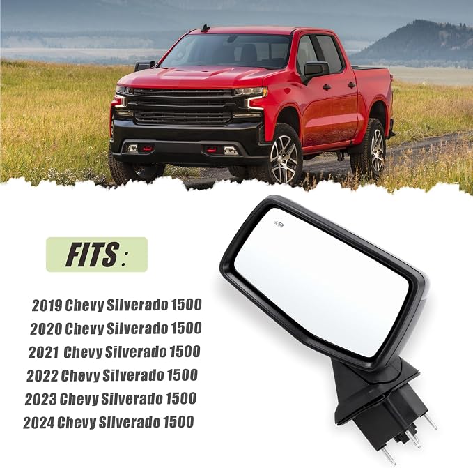 Left Driver Side Mirror Compatible with 2019-2025 chevy Silverado 1500 With Power Glass Manual Folding Turn Signal Heated Blind Spot Black Replace#GM1320680(7Pins)