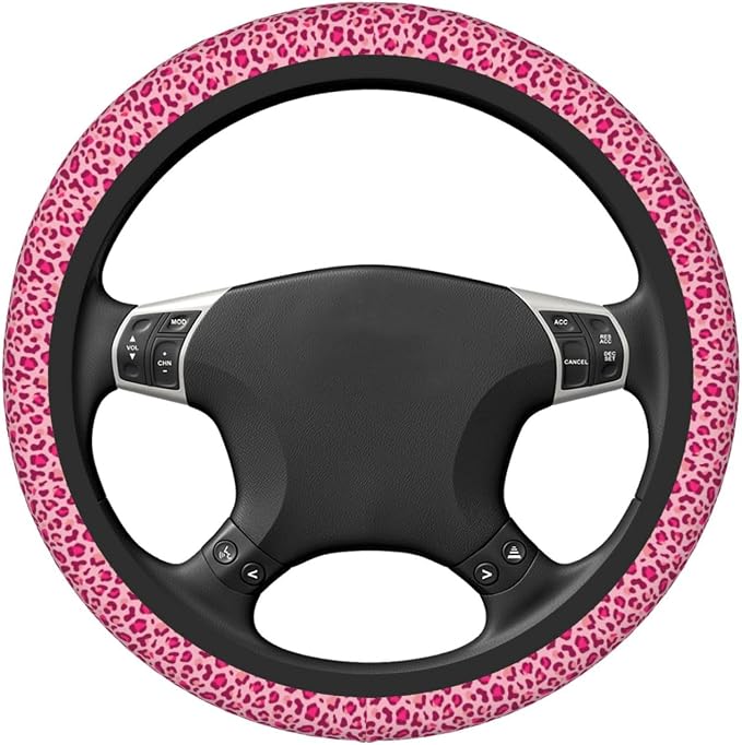 Pink Leopard Print Steering Wheel Cover for Women, Universal 15 Inch Fit, Thickened Neoprene Non-Slip Car Wheel Protector, Stylish Car Interior Accessories for Auto SUV Truck, Breathable & Durable