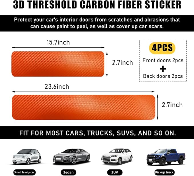4 PCS Car Door Sill Protectors, Anti Scratch Carbon Fiber Auto Threshold Cover Strips, Decorative Door Entry Edge Scuff Sticker Universal for Most Vehicles, Car Accessories (Orange 3D)