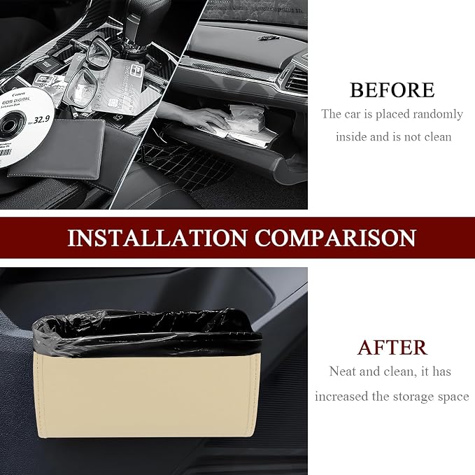 Car Trash Can, Leather Waterproof Automotive Garbage Can with Trash Bag, Hanging Mini Vehicle Trash Bin, Small Auto Door Organizer Storage Pouch, Universal Car Accessories (Beige)